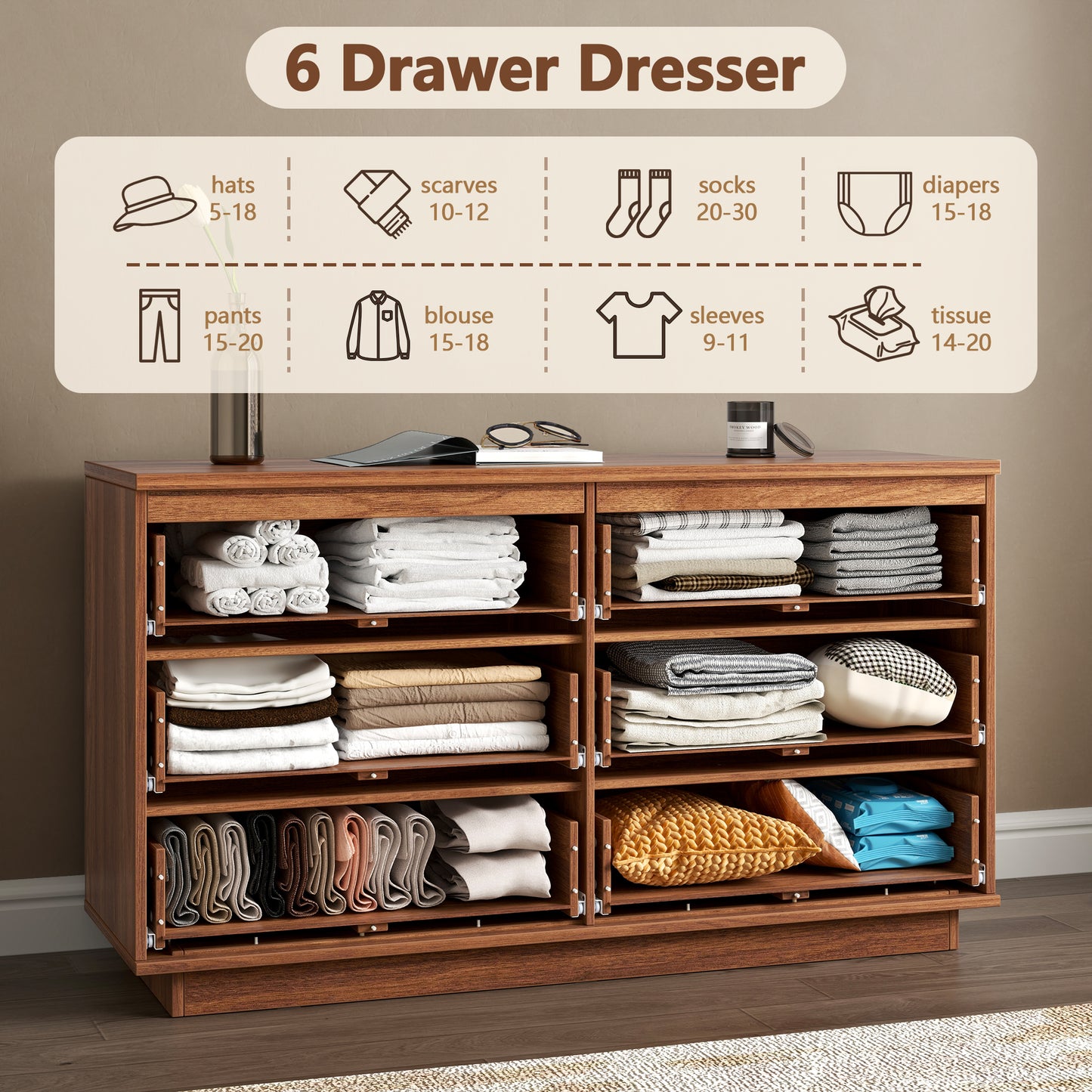 Satifur Modern 6 Drawer Dresser for Bedroom, Wide Wooden Chest of Drawers, TV Stand Dresser for TV up to 55", Storage Organizer Cabinet, Walnut