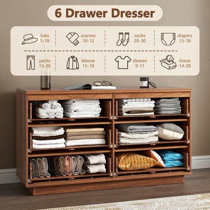 Satifur Modern 6 Drawer Dresser for Bedroom, Wide Wooden Chest of Drawers, TV Stand Dresser for TV up to 55", Storage Organizer Cabinet, Walnut