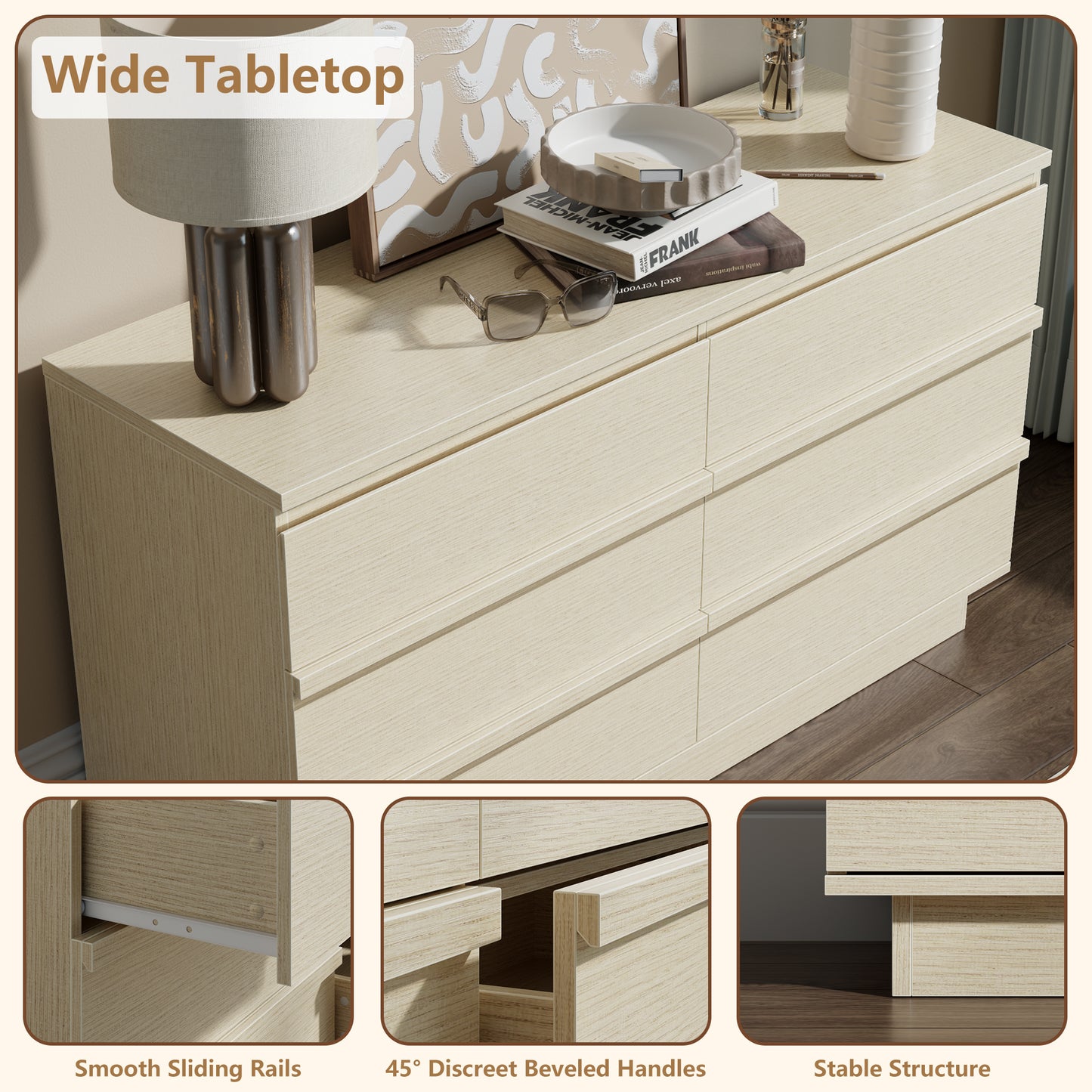 Tydimor 6 Drawer Dresser, 47" Wide Chest of Drawers with Beveled Handles, Wood Grain Storage Cabinet & TV Stand, Light Oak