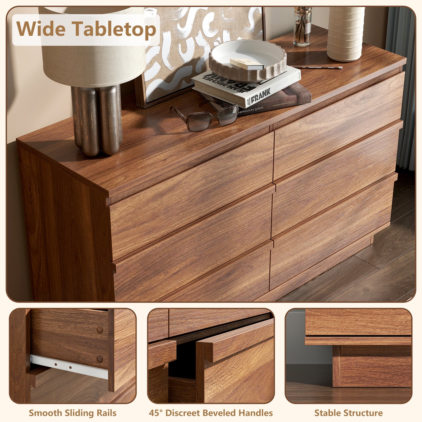 Satifur Modern 6 Drawer Dresser for Bedroom, Wide Wooden Chest of Drawers, TV Stand Dresser for TV up to 55", Storage Organizer Cabinet, Walnut