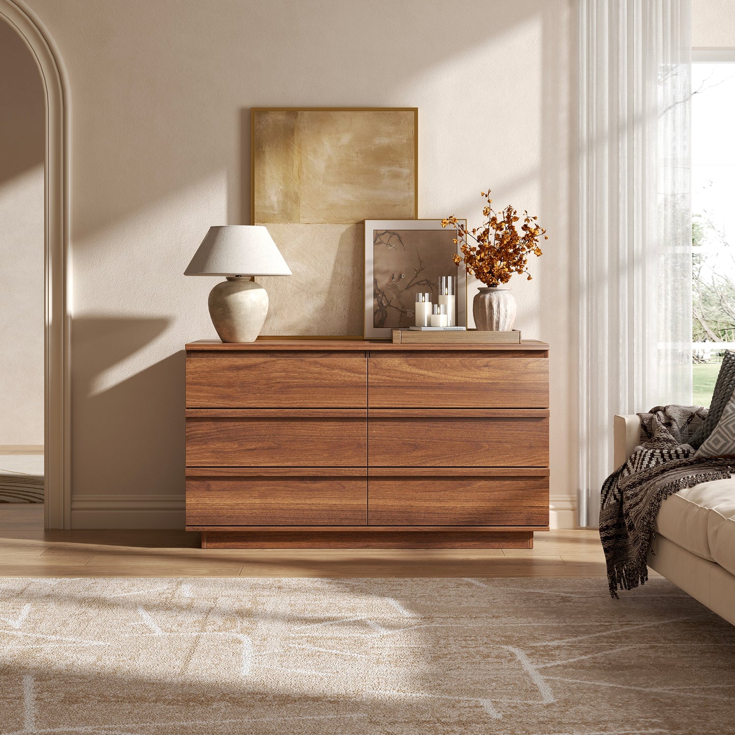Satifur Modern 6 Drawer Dresser for Bedroom, Wide Wooden Chest of Drawers, TV Stand Dresser for TV up to 55", Storage Organizer Cabinet, Walnut