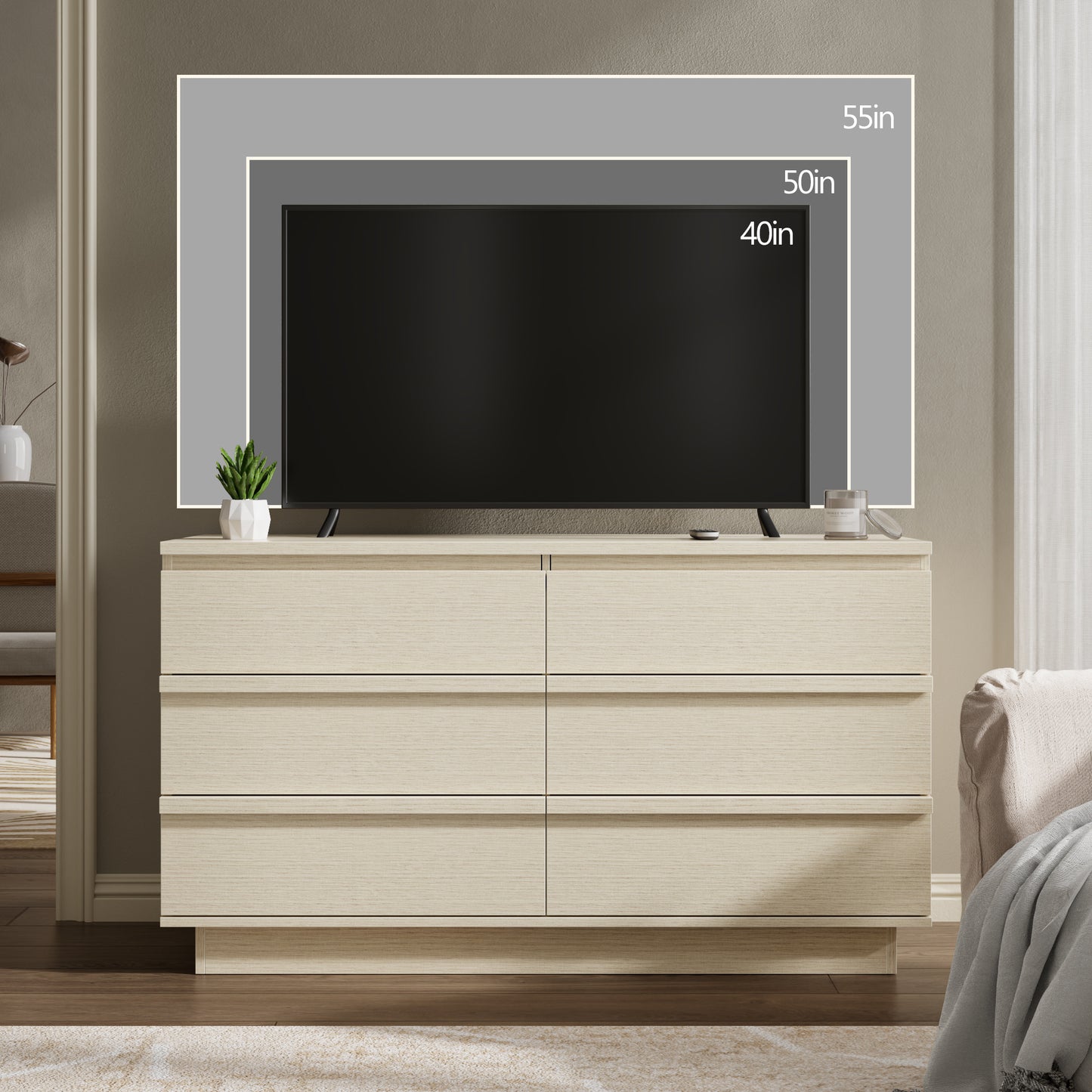Tydimor 6 Drawer Dresser, 47" Wide Chest of Drawers with Beveled Handles, Wood Grain Storage Cabinet & TV Stand, Light Oak