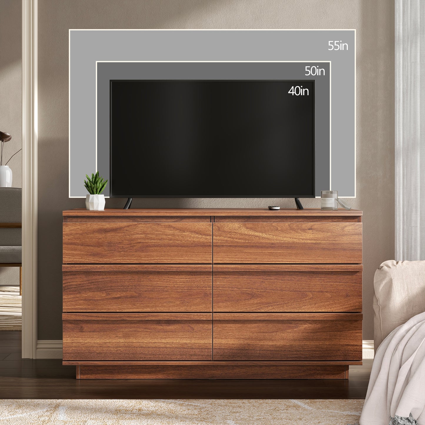 Satifur Modern 6 Drawer Dresser for Bedroom, Wide Wooden Chest of Drawers, TV Stand Dresser for TV up to 55", Storage Organizer Cabinet, Walnut