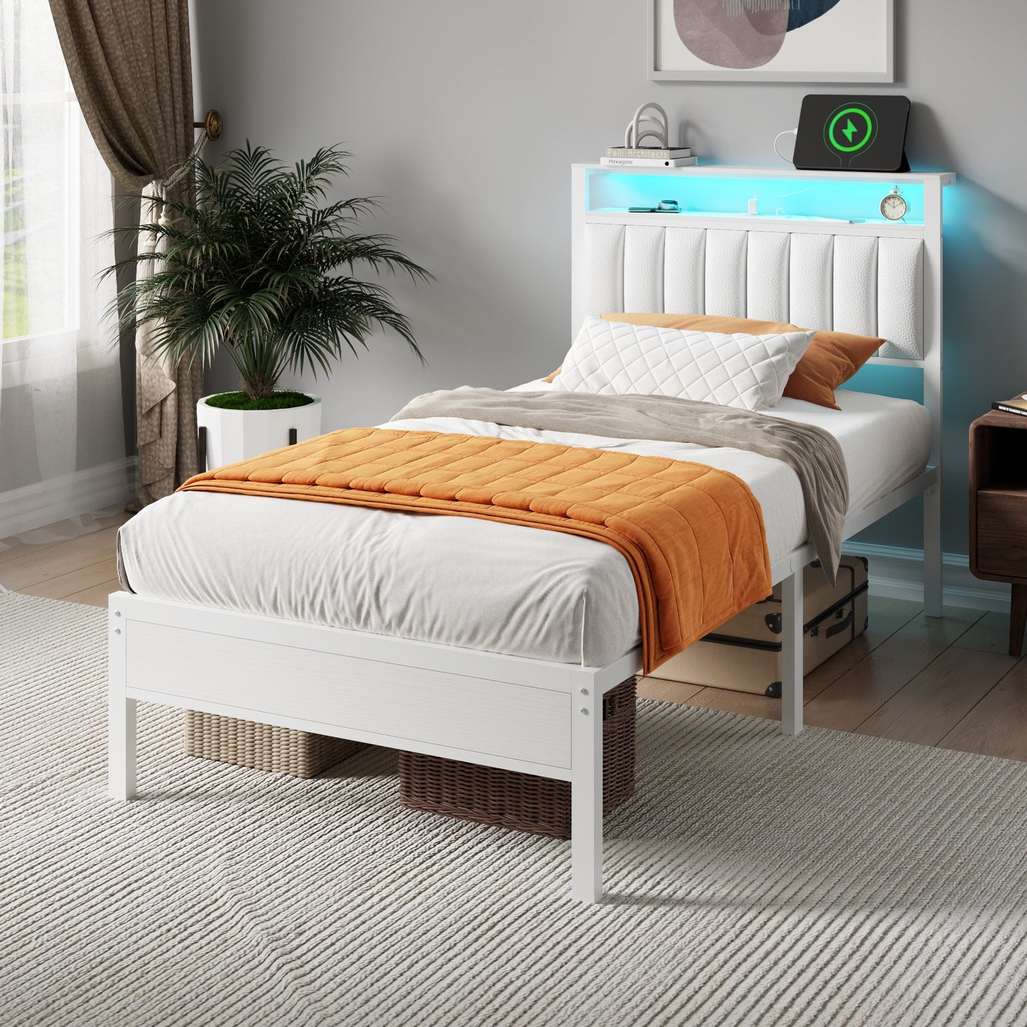 Tydimor Twin Bed Frames with LED Lights, Platform Bed with Metal Slats, Headboard with 2-Tier Storage Shelves & Charging Station, No Box Spring Needed, White