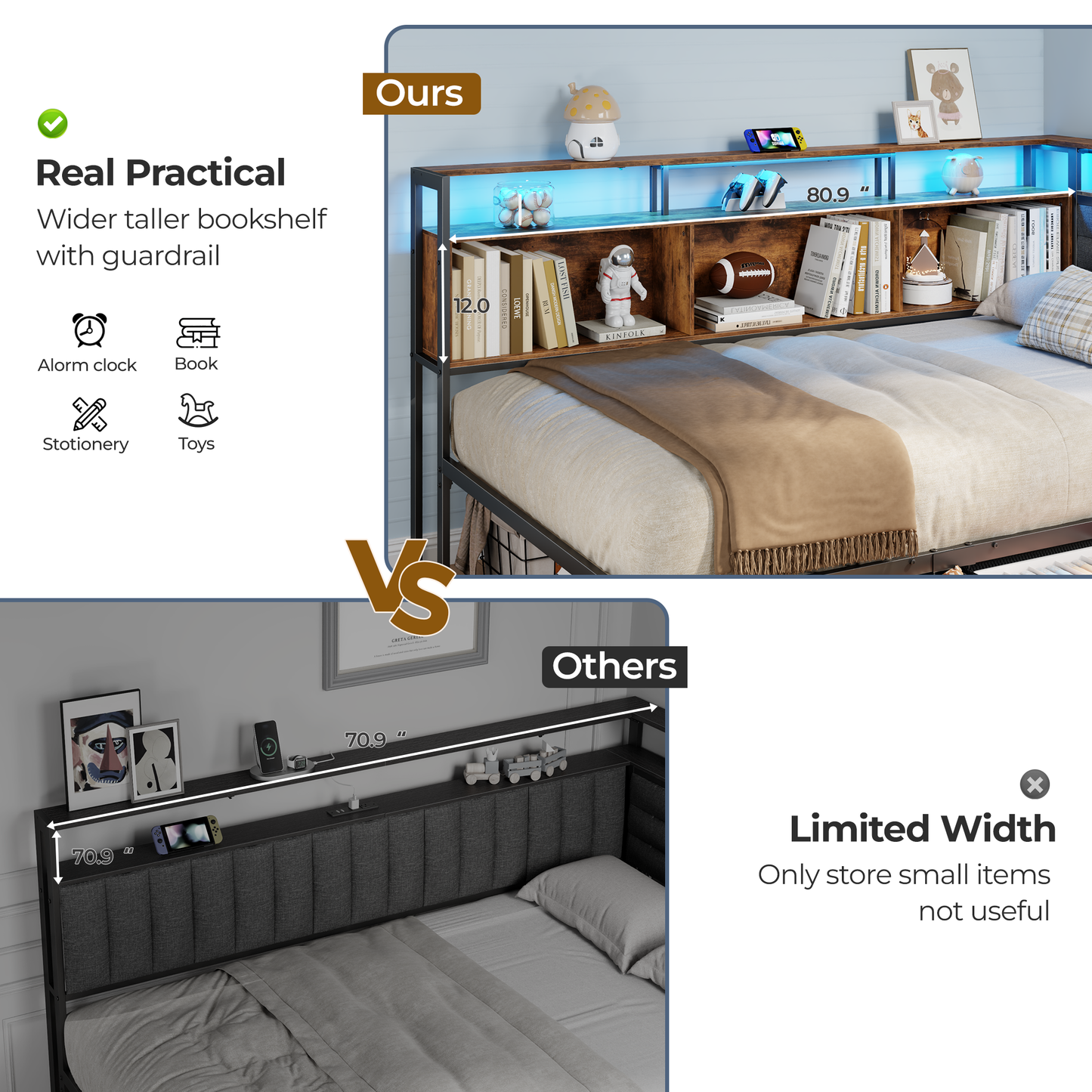 Satifur L-Shaped Corner Bed Frame with 3 Storage Drawers, 3 Cubbies & Double-Layer Shelf, LED Lights & Power Outlet, Corner Twin Beds for Living Room, Bedroom and Guest, Rustic Brown