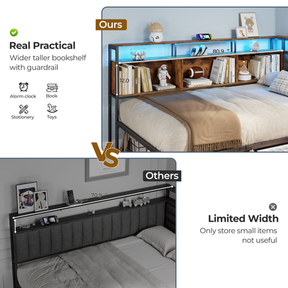 Satifur L-Shaped Corner Bed Frame with 3 Storage Drawers, 3 Cubbies & Double-Layer Shelf, LED Lights & Power Outlet, Corner Twin Beds for Living Room, Bedroom and Guest, Rustic Brown