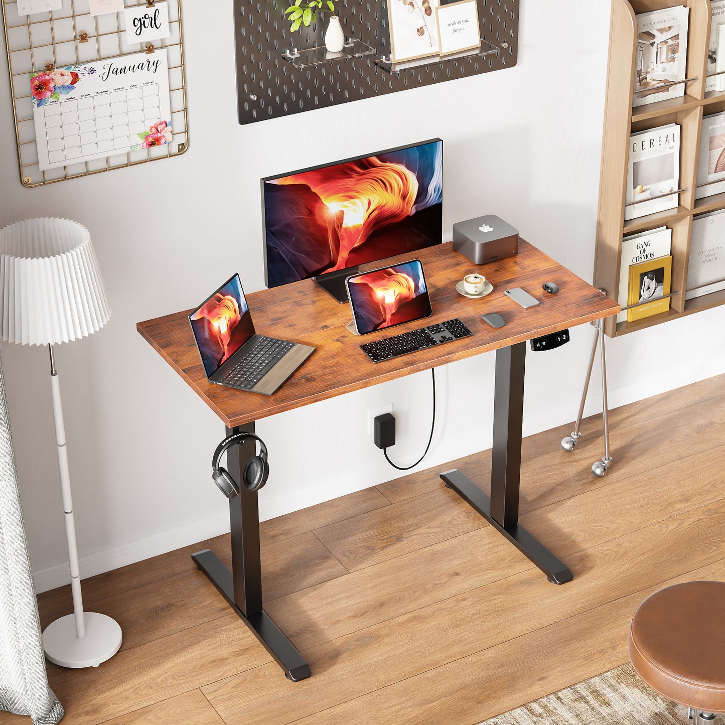 Satifur Electric Standing Desk 40", Ergonomic Computer Desk with Memory Preset, Height Adjustable Sit Stand Desk with Hooks & Storage, Rustic