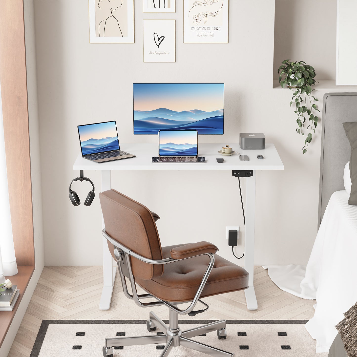 Satifur Electric Standing Desk 40", Ergonomic Computer Desk with Memory Preset, Height Adjustable Sit Stand Desk with Hooks & Storage, White