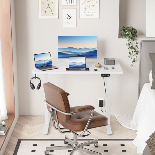 Satifur Electric Standing Desk 40", Ergonomic Computer Desk with Memory Preset, Height Adjustable Sit Stand Desk with Hooks & Storage, White