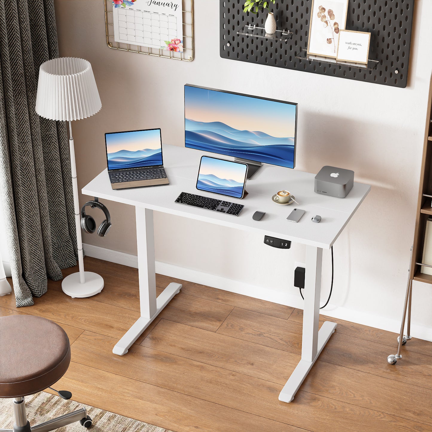 Satifur Electric Standing Desk 40", Ergonomic Computer Desk with Memory Preset, Height Adjustable Sit Stand Desk with Hooks & Storage, White