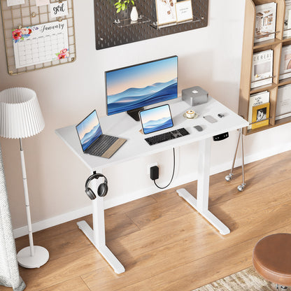 Satifur Electric Standing Desk 40", Ergonomic Computer Desk with Memory Preset, Height Adjustable Sit Stand Desk with Hooks & Storage, White