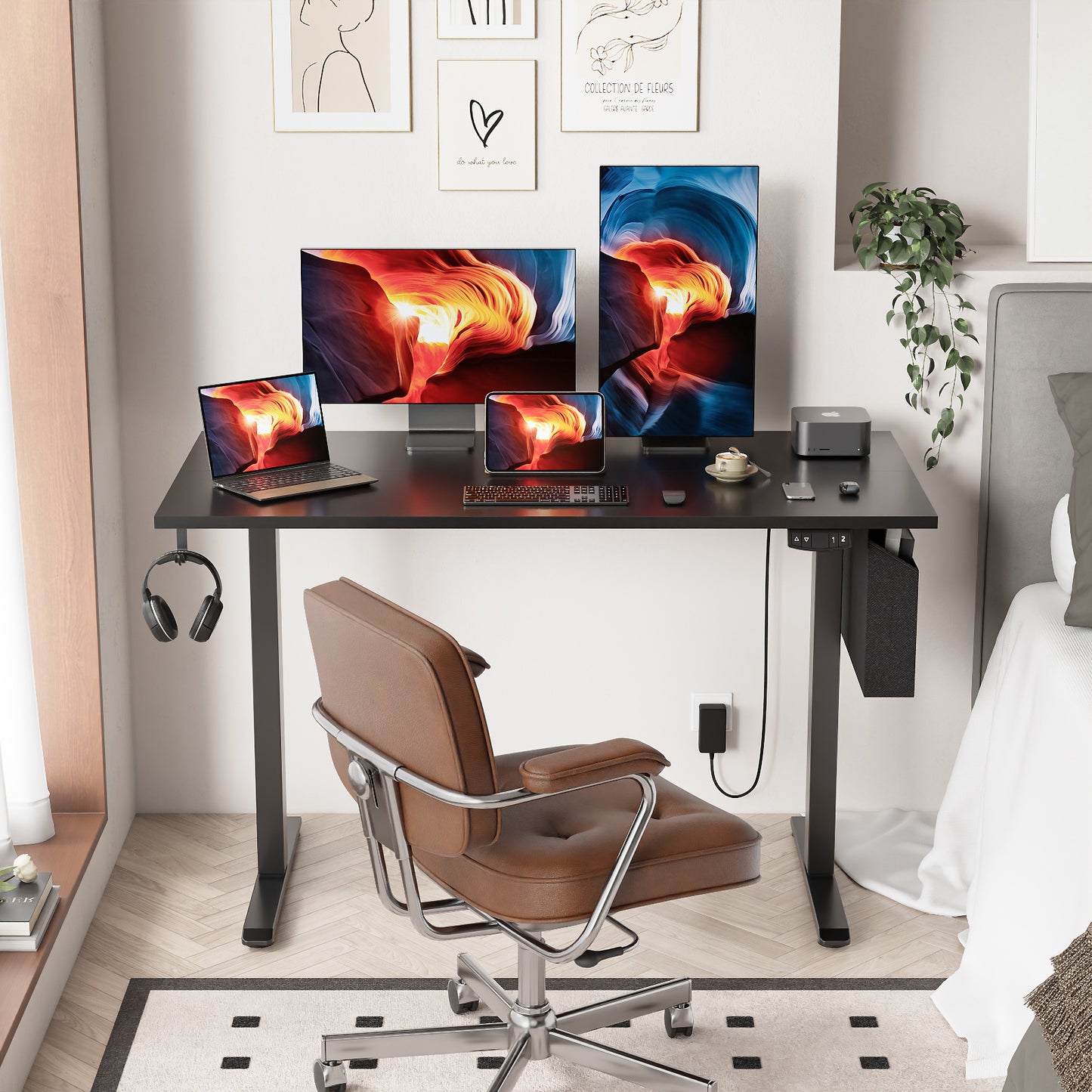 Satifur Electric Standing Desk 40", Ergonomic Computer Desk with Memory Preset, Height Adjustable Sit Stand Desk with Hooks & Storage, Black