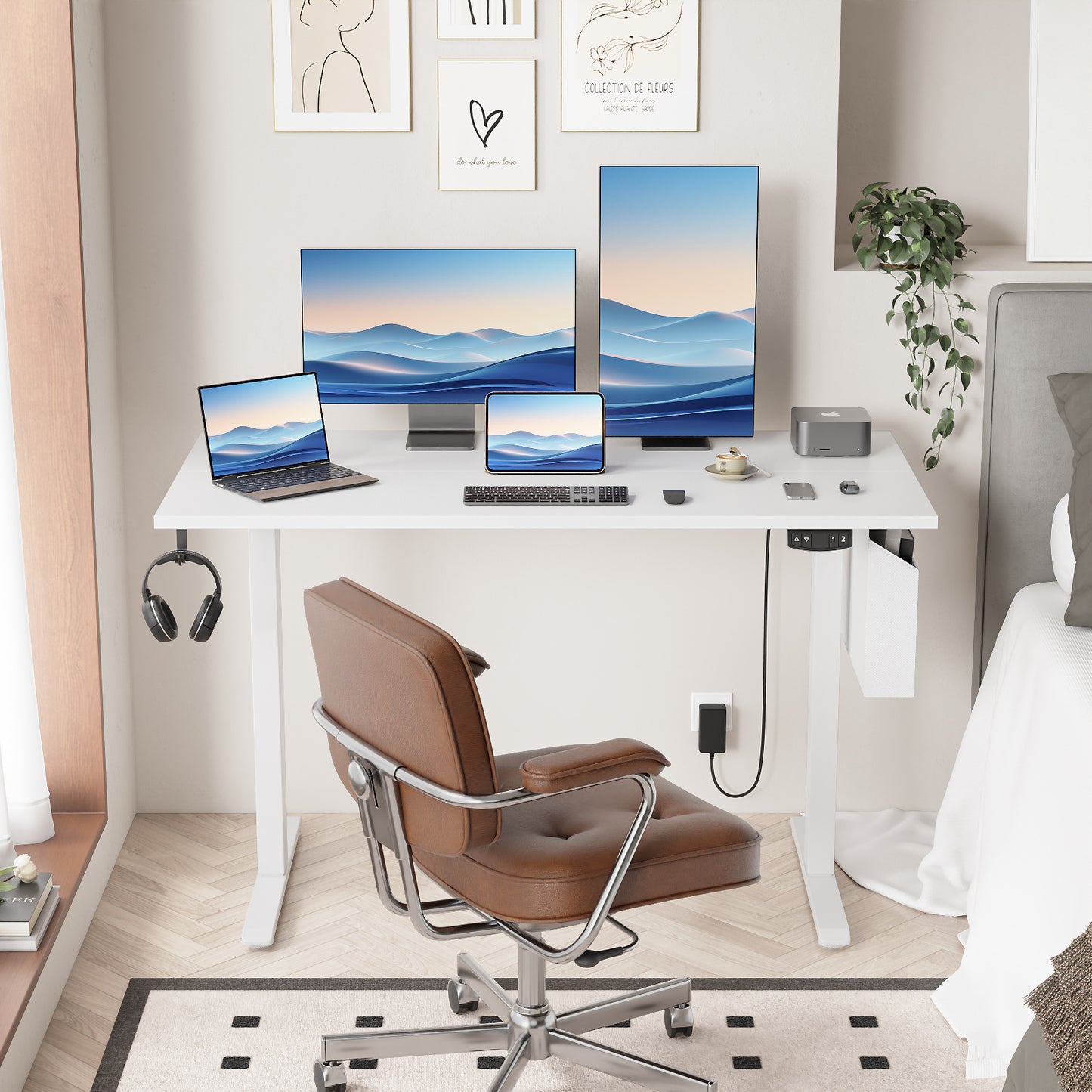 Satifur Electric Standing Desk 48", Ergonomic Computer Desk with Memory Preset, Height Adjustable Sit Stand Desk with Hooks & Storage, White