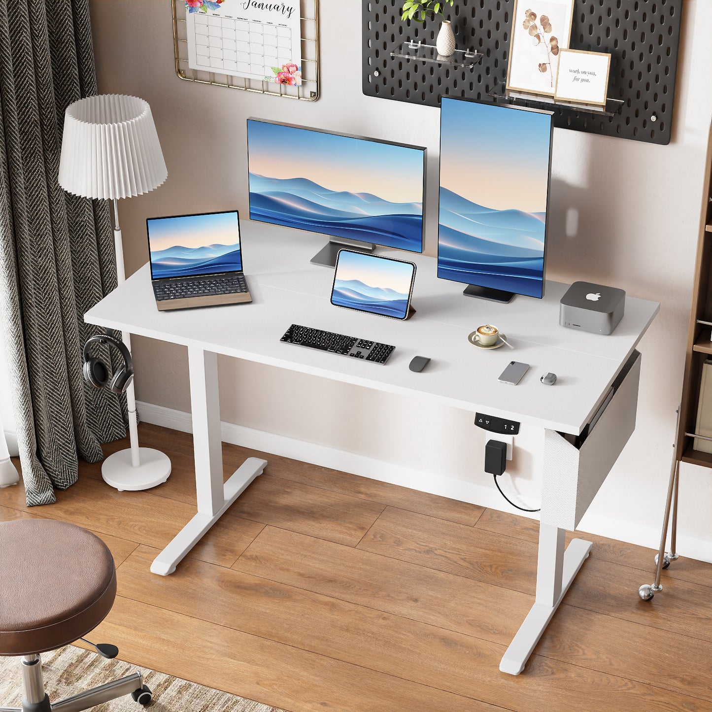 Satifur Electric Standing Desk 48", Ergonomic Computer Desk with Memory Preset, Height Adjustable Sit Stand Desk with Hooks & Storage, White