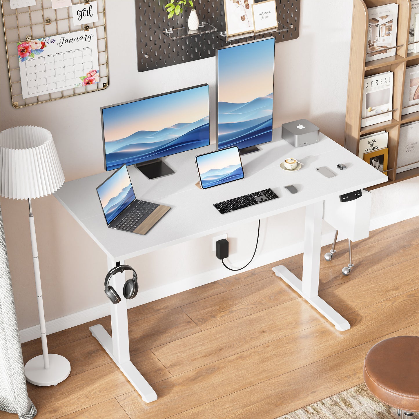 Satifur Electric Standing Desk 48", Ergonomic Computer Desk with Memory Preset, Height Adjustable Sit Stand Desk with Hooks & Storage, White