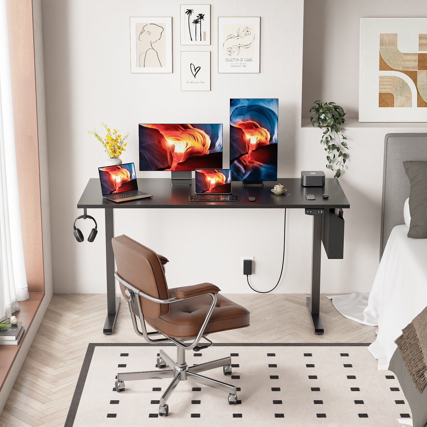 Satifur Electric Standing Desk 55", Ergonomic Computer Desk with Memory Preset, Height Adjustable Sit Stand Desk with Hooks & Storage, Black