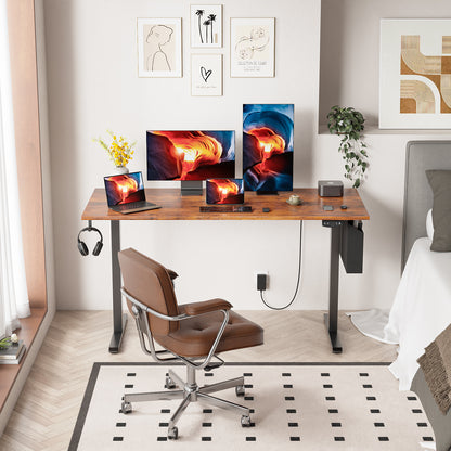 Satifur Electric Standing Desk 55", Ergonomic Computer Desk with Memory Preset, Height Adjustable Sit Stand Desk with Hooks & Storage, Rustic