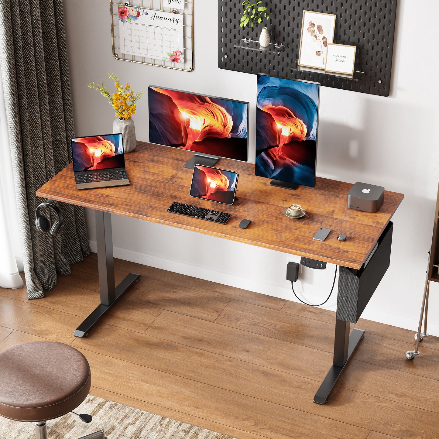 Satifur Electric Standing Desk 55", Ergonomic Computer Desk with Memory Preset, Height Adjustable Sit Stand Desk with Hooks & Storage, Rustic