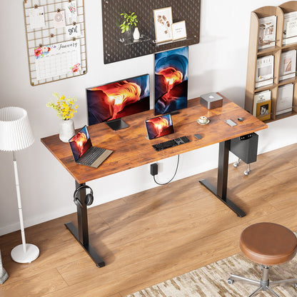 Satifur Electric Standing Desk 55", Ergonomic Computer Desk with Memory Preset, Height Adjustable Sit Stand Desk with Hooks & Storage, Rustic