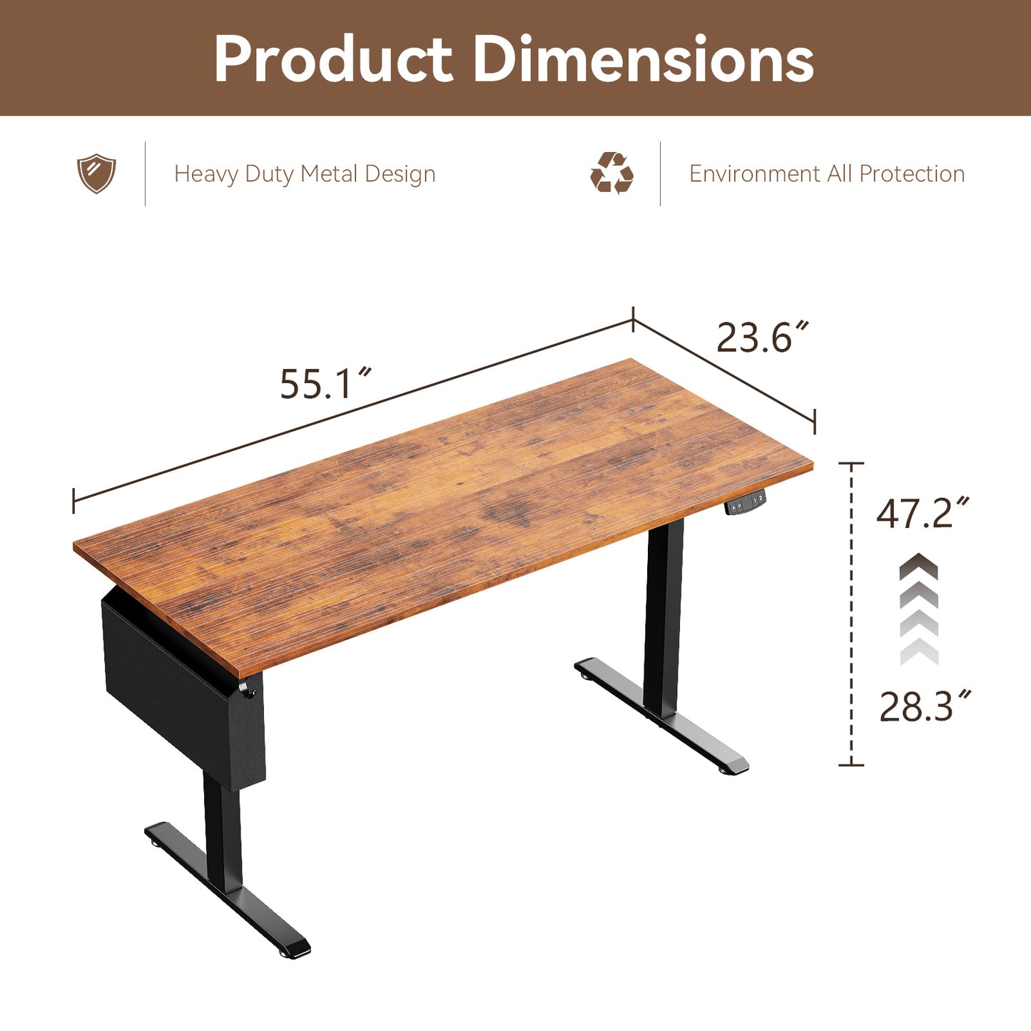 Satifur Electric Standing Desk 55", Ergonomic Computer Desk with Memory Preset, Height Adjustable Sit Stand Desk with Hooks & Storage, Rustic