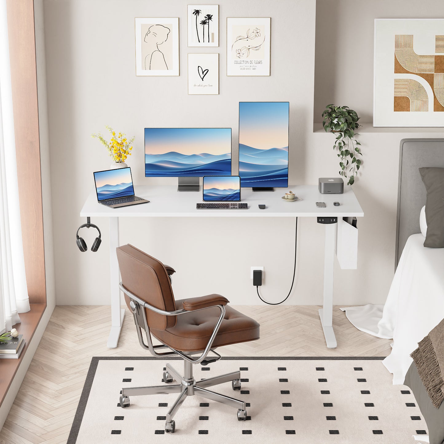 Satifur Electric Standing Desk 55", Ergonomic Computer Desk with Memory Preset, Height Adjustable Sit Stand Desk with Hooks & Storage, White