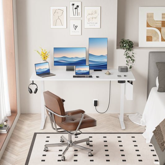 Satifur Electric Standing Desk 55", Ergonomic Computer Desk with Memory Preset, Height Adjustable Sit Stand Desk with Hooks & Storage, White
