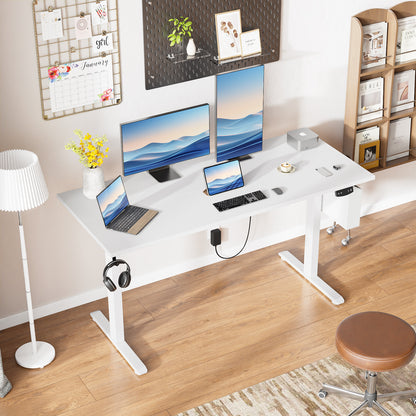 Satifur Electric Standing Desk 55", Ergonomic Computer Desk with Memory Preset, Height Adjustable Sit Stand Desk with Hooks & Storage, White