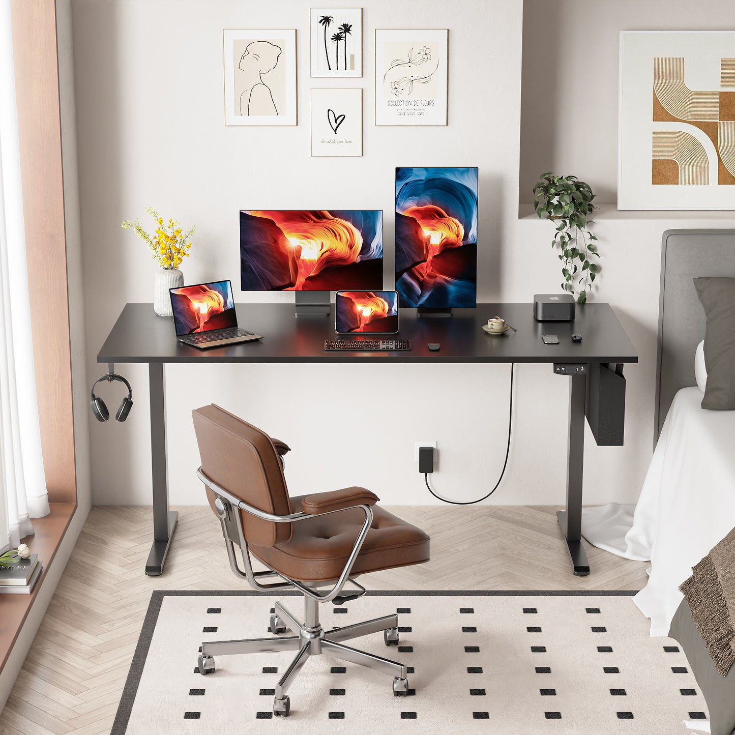 Satifur Electric Standing Desk 63'' x 27.5'', Ergonomic Computer Desk with Memory Preset, Height Adjustable Sit Stand Desk with Hooks & Storage, Black