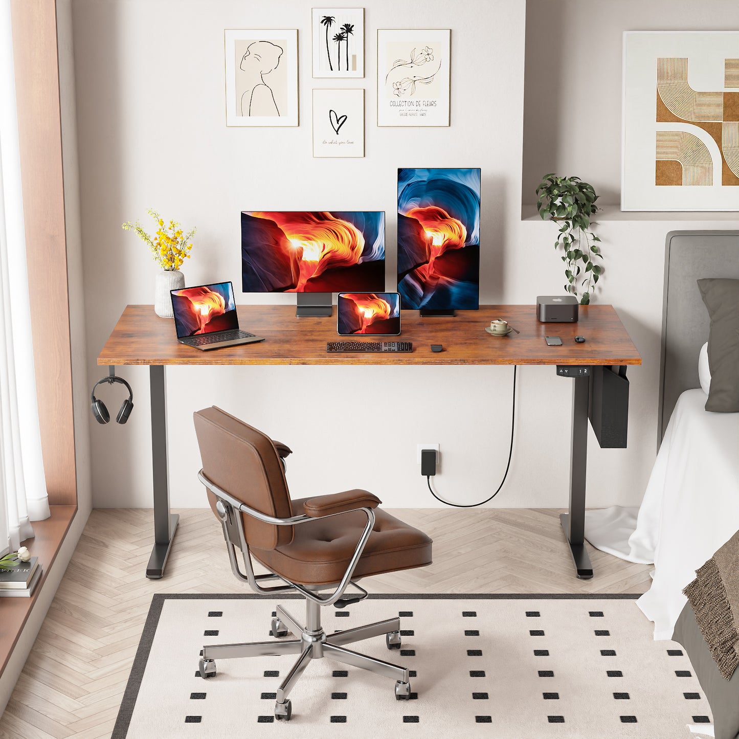 Satifur Electric Standing Desk 63" x 27.5", Ergonomic Computer Desk with Memory Preset, Height Adjustable Sit Stand Desk with Hooks & Storage, Rustic