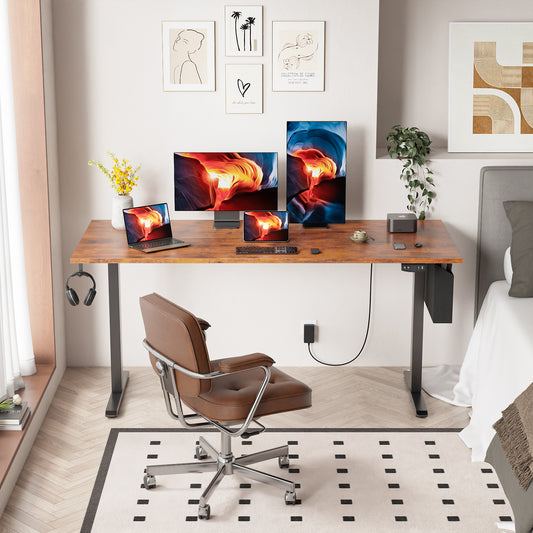 Satifur Electric Standing Desk 63" x 27.5", Ergonomic Computer Desk with Memory Preset, Height Adjustable Sit Stand Desk with Hooks & Storage, Rustic