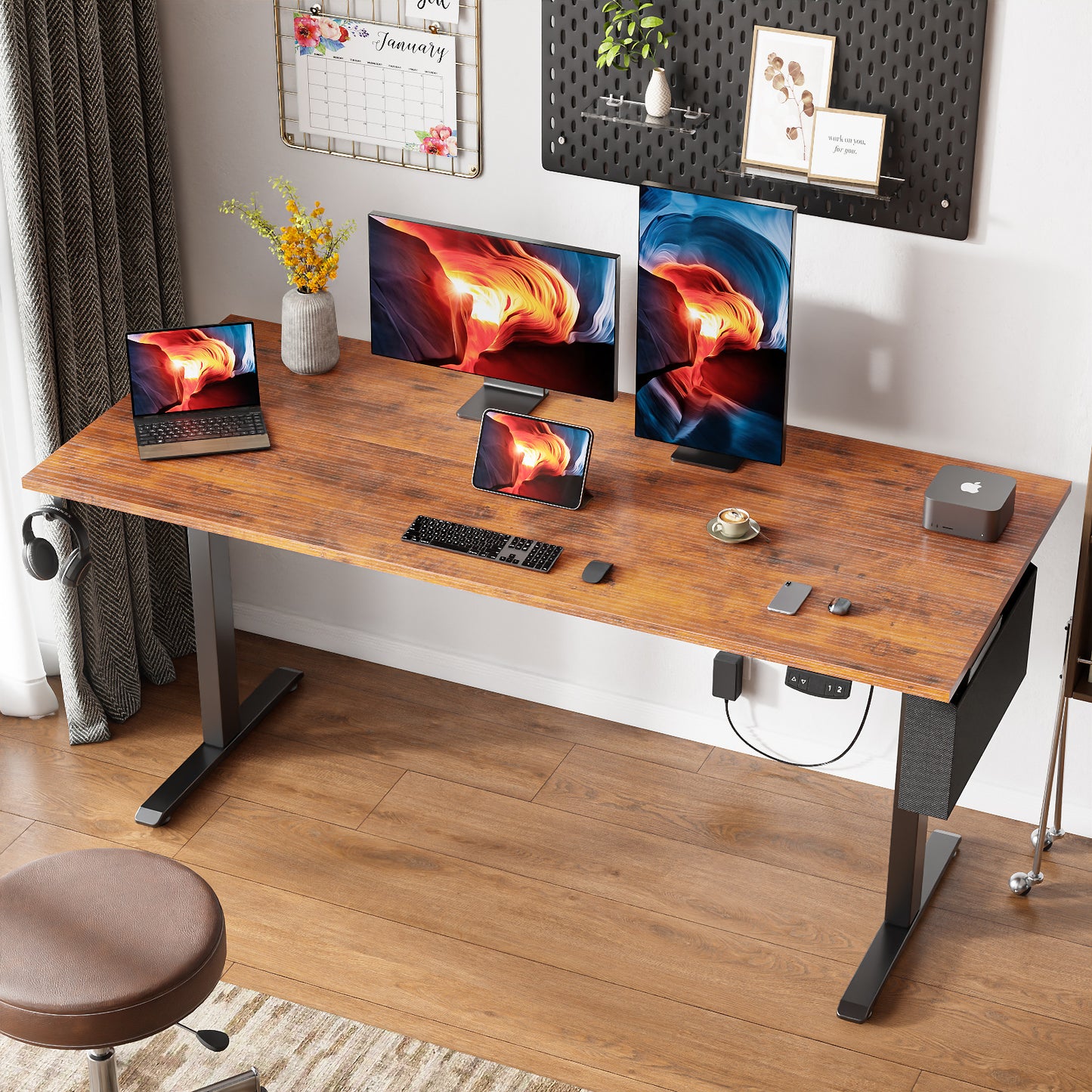 Satifur Electric Standing Desk 63" x 27.5", Ergonomic Computer Desk with Memory Preset, Height Adjustable Sit Stand Desk with Hooks & Storage, Rustic