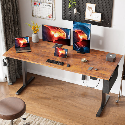 Satifur Electric Standing Desk 63" x 27.5", Ergonomic Computer Desk with Memory Preset, Height Adjustable Sit Stand Desk with Hooks & Storage, Rustic