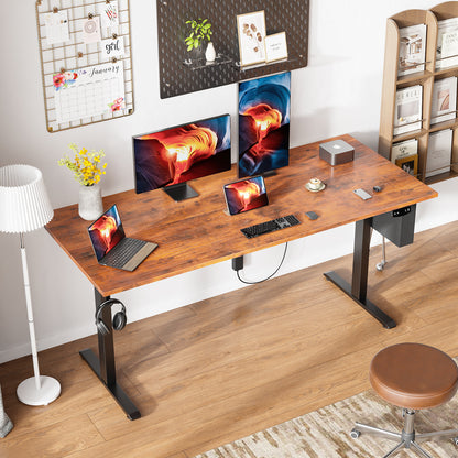 Satifur Electric Standing Desk 63" x 27.5", Ergonomic Computer Desk with Memory Preset, Height Adjustable Sit Stand Desk with Hooks & Storage, Rustic