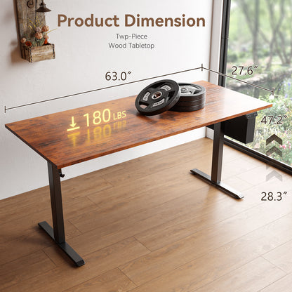 Satifur Electric Standing Desk 63" x 27.5", Ergonomic Computer Desk with Memory Preset, Height Adjustable Sit Stand Desk with Hooks & Storage, Rustic