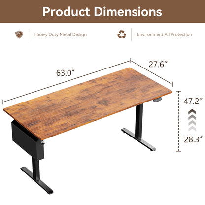 Satifur Electric Standing Desk 63" x 27.5", Ergonomic Computer Desk with Memory Preset, Height Adjustable Sit Stand Desk with Hooks & Storage, Rustic