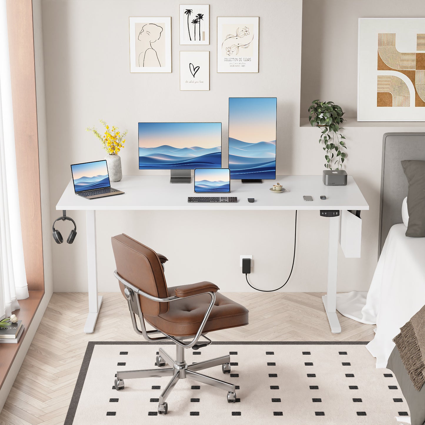 Satifur Electric Standing Desk 63" x 27.5", Ergonomic Computer Desk with Memory Preset, Height Adjustable Sit Stand Desk with Hooks & Storage, White