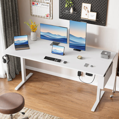 Satifur Electric Standing Desk 63" x 27.5", Ergonomic Computer Desk with Memory Preset, Height Adjustable Sit Stand Desk with Hooks & Storage, White