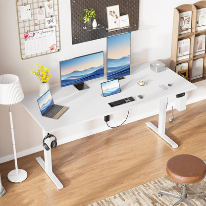 Satifur Electric Standing Desk 63" x 27.5", Ergonomic Computer Desk with Memory Preset, Height Adjustable Sit Stand Desk with Hooks & Storage, White