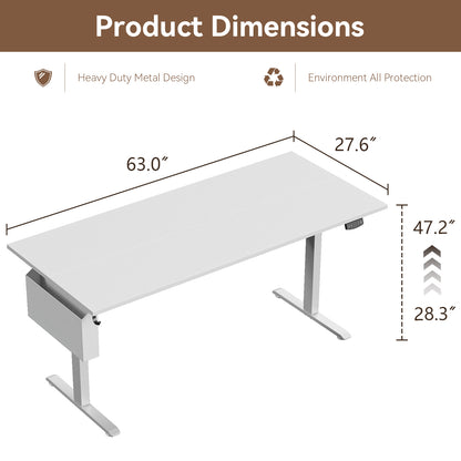 Satifur Electric Standing Desk 63" x 27.5", Ergonomic Computer Desk with Memory Preset, Height Adjustable Sit Stand Desk with Hooks & Storage, White