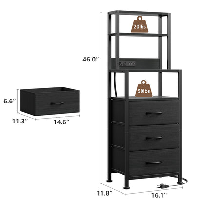 Satifur Tall LED Nightstand,Bedside Table with Charging Station,3 Fabric Drawers & Shelfs for Bedroom Living Room,Black Oak