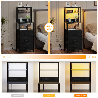 Satifur Tall LED Nightstand,Bedside Table with Charging Station,3 Fabric Drawers & Shelfs for Bedroom Living Room,Black Oak