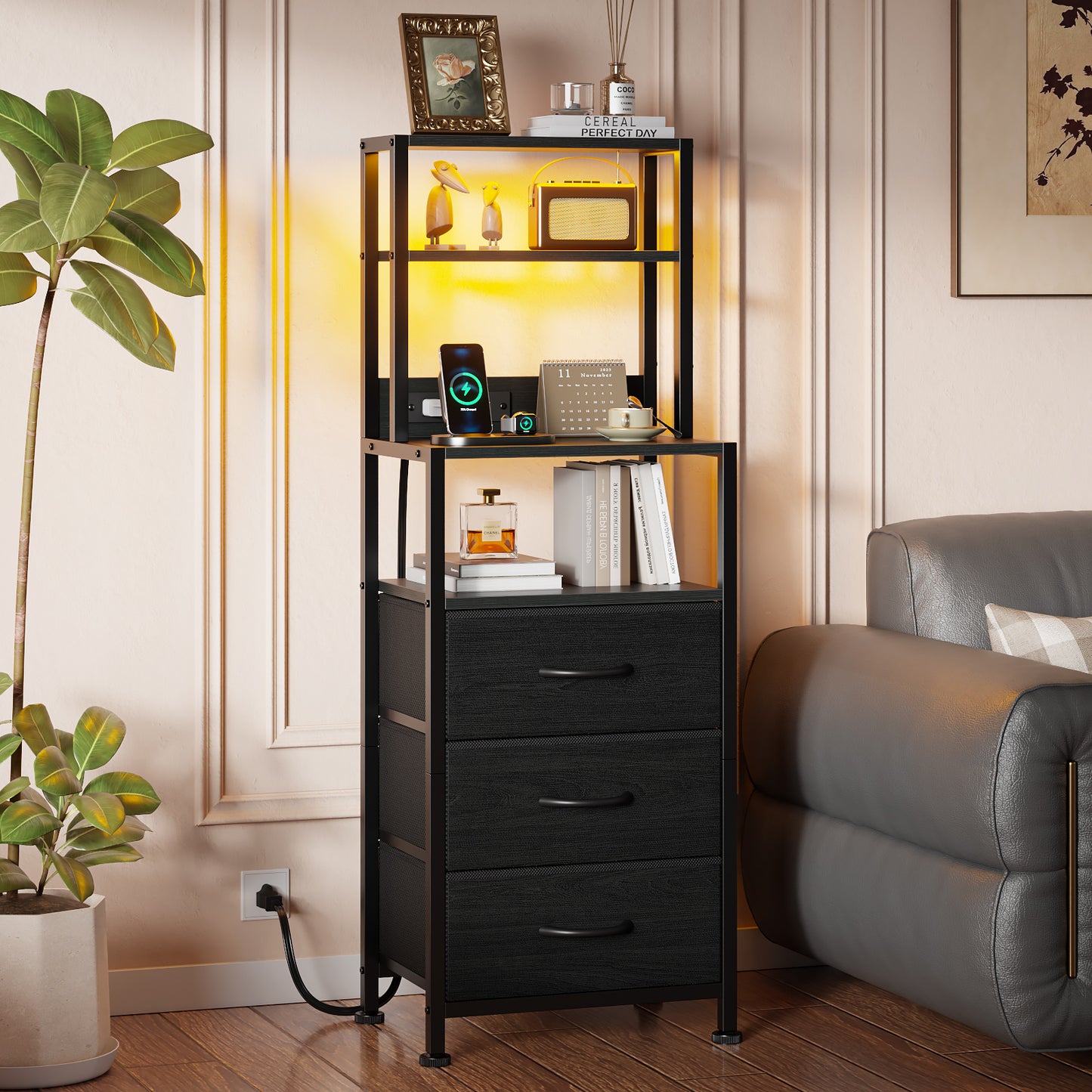 Satifur Tall LED Nightstand,Bedside Table with Charging Station,3 Fabric Drawers & Shelfs for Bedroom Living Room,Black Oak