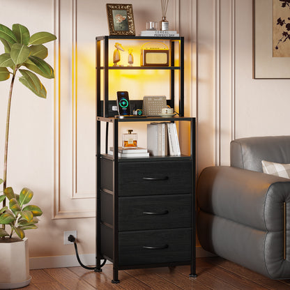Satifur Tall LED Nightstand,Bedside Table with Charging Station,3 Fabric Drawers & Shelfs for Bedroom Living Room,Black Oak