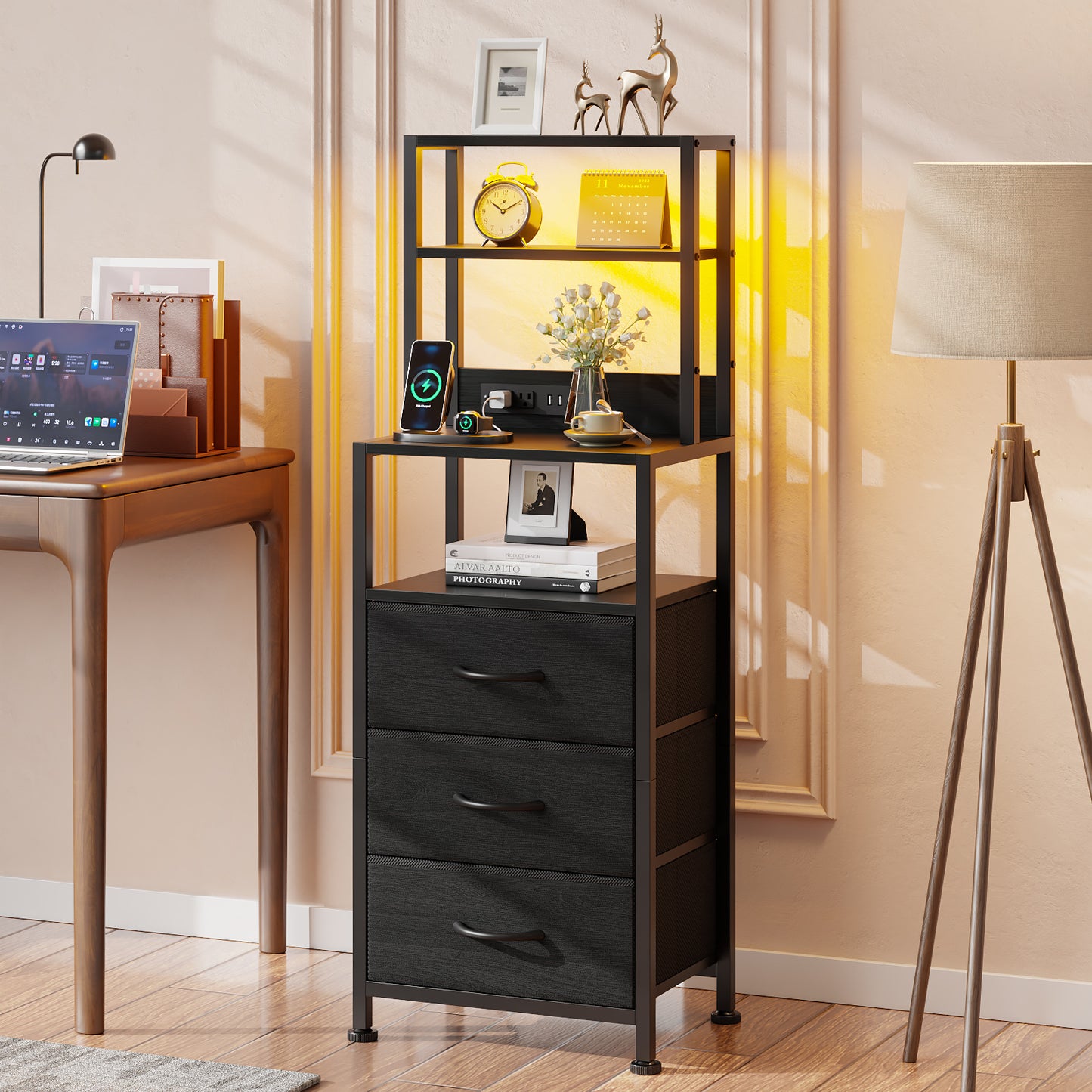 Satifur Tall LED Nightstand,Bedside Table with Charging Station,3 Fabric Drawers & Shelfs for Bedroom Living Room,Black Oak