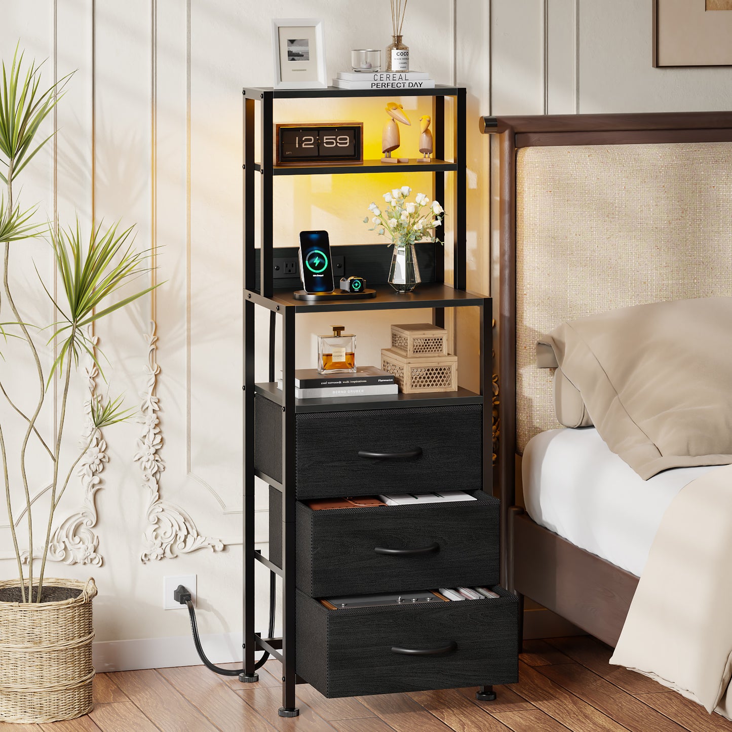 Satifur Tall LED Nightstand,Bedside Table with Charging Station,3 Fabric Drawers & Shelfs for Bedroom Living Room,Black Oak