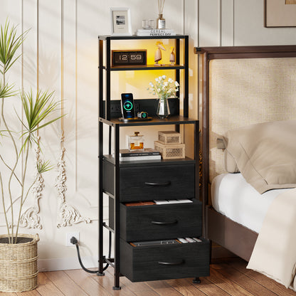 Satifur Tall LED Nightstand,Bedside Table with Charging Station,3 Fabric Drawers & Shelfs for Bedroom Living Room,Black Oak