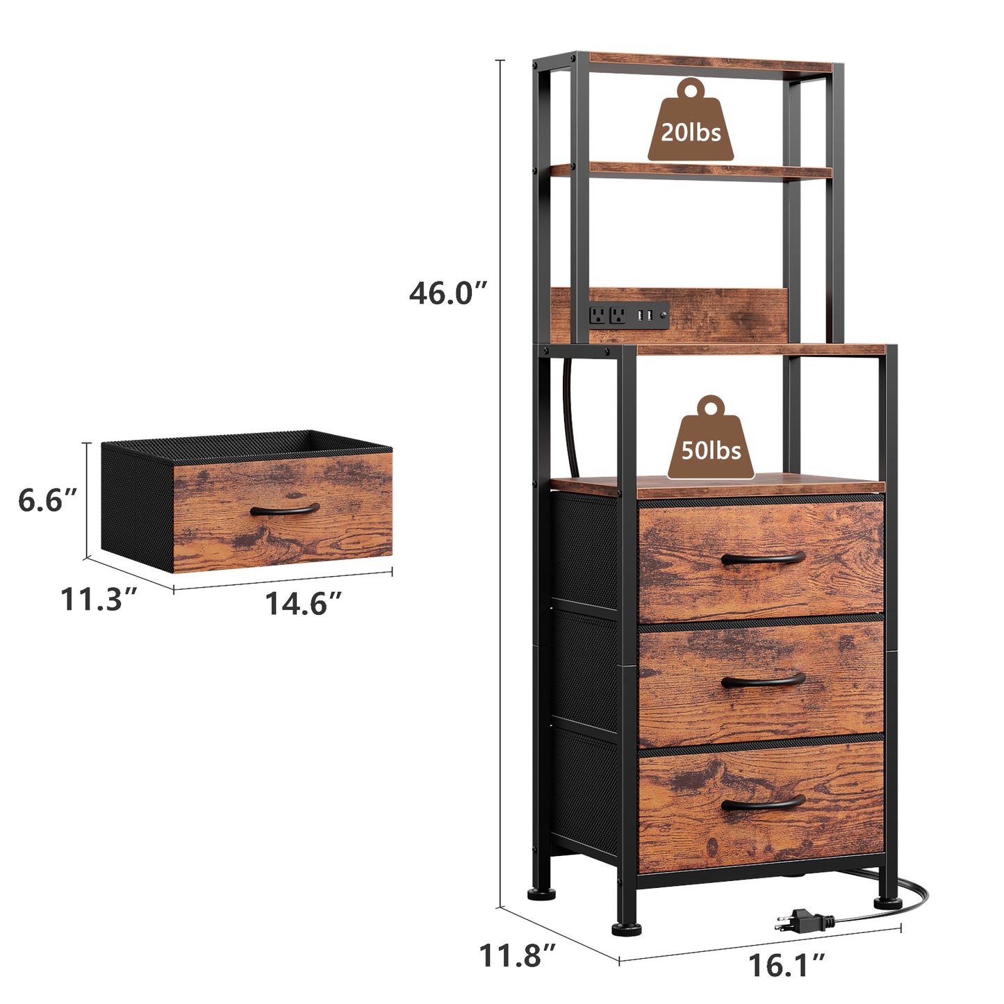 Satifur Tall LED Nightstand,Bedside Table with Charging Station,3 Fabric Drawers & Shelfs for Bedroom Living Room,Rustic Brown