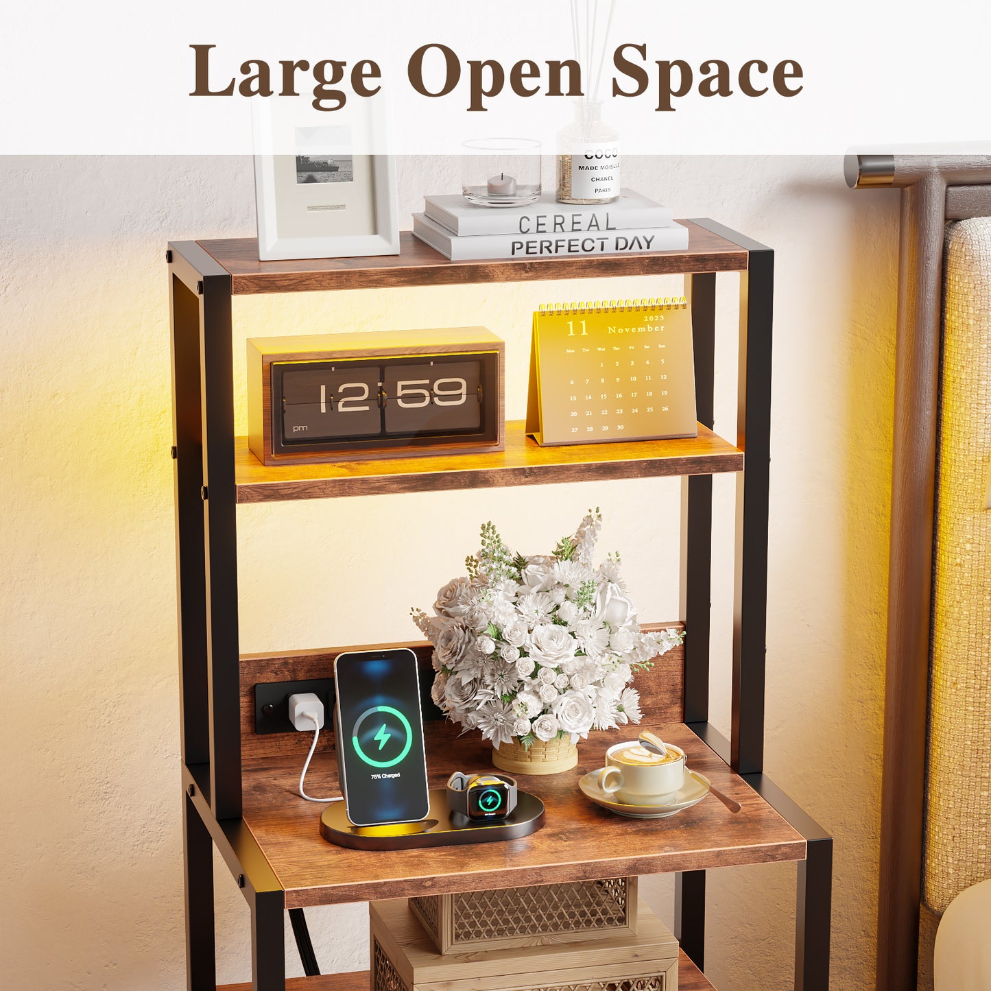 Satifur Tall LED Nightstand,Bedside Table with Charging Station,3 Fabric Drawers & Shelfs for Bedroom Living Room,Rustic Brown