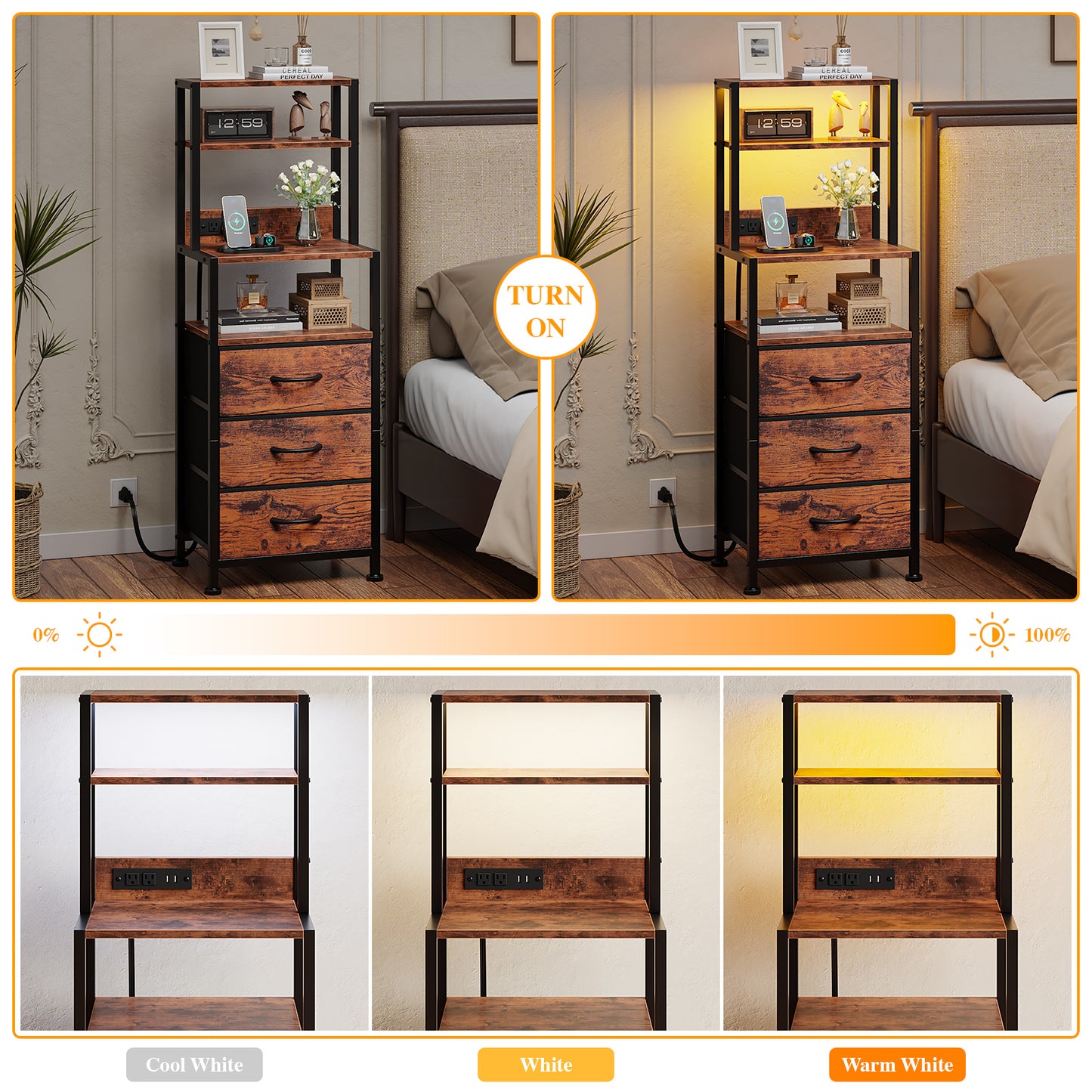 Satifur Tall LED Nightstand,Bedside Table with Charging Station,3 Fabric Drawers & Shelfs for Bedroom Living Room,Rustic Brown