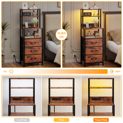 Satifur Tall LED Nightstand,Bedside Table with Charging Station,3 Fabric Drawers & Shelfs for Bedroom Living Room,Rustic Brown